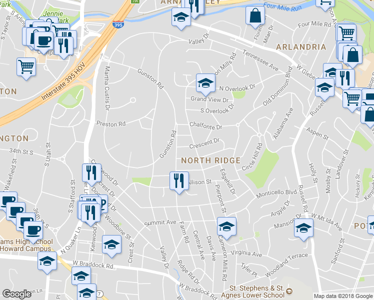 map of restaurants, bars, coffee shops, grocery stores, and more near 904 Crescent Drive in Alexandria