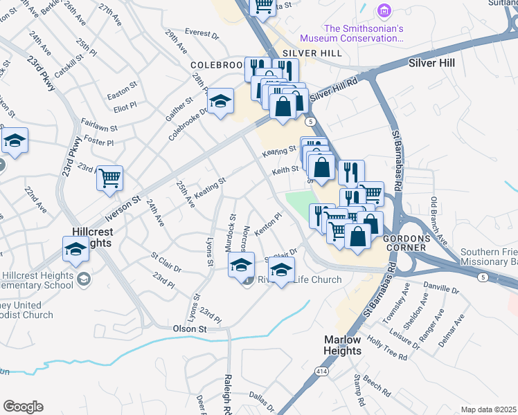map of restaurants, bars, coffee shops, grocery stores, and more near 4016 27th Avenue in Temple Hills