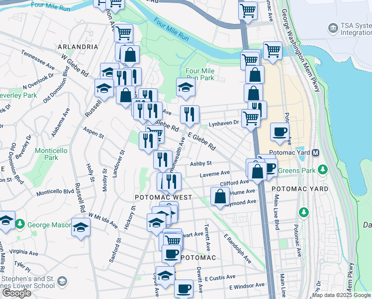 map of restaurants, bars, coffee shops, grocery stores, and more near 3307 Commonwealth Avenue in Alexandria