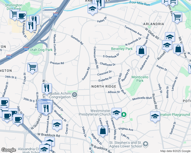 map of restaurants, bars, coffee shops, grocery stores, and more near 904 Crescent Drive in Alexandria