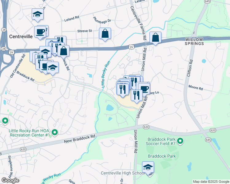 map of restaurants, bars, coffee shops, grocery stores, and more near 13559 Ruddy Duck Road in Clifton