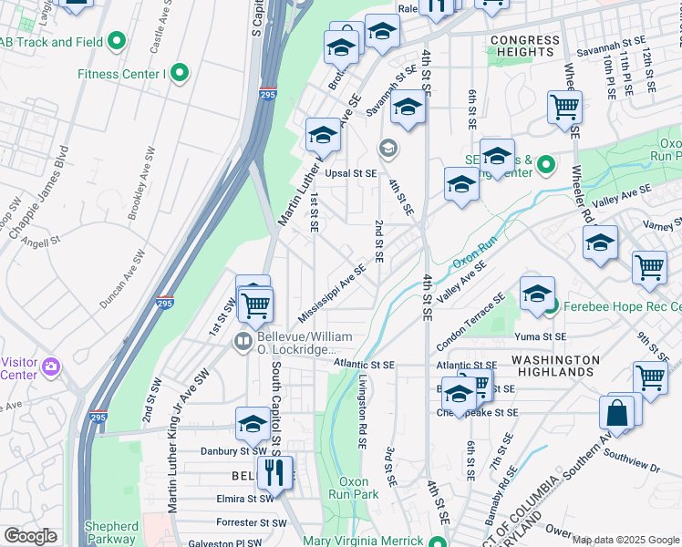map of restaurants, bars, coffee shops, grocery stores, and more near 138 Mississippi Avenue Southeast in Washington