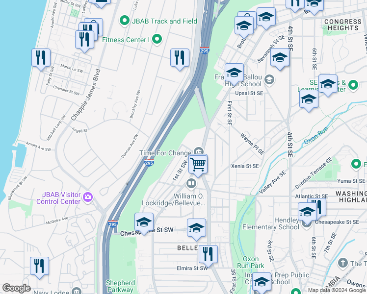 map of restaurants, bars, coffee shops, grocery stores, and more near 3900 2nd Street Southwest in Washington