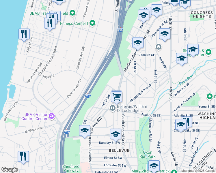 map of restaurants, bars, coffee shops, grocery stores, and more near 3900 2nd Street Southwest in Washington