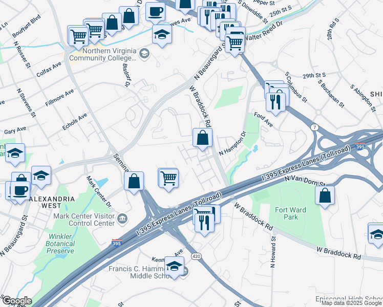 map of restaurants, bars, coffee shops, grocery stores, and more near 2322 Henshaw Place in Alexandria