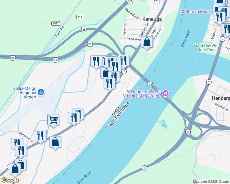 map of restaurants, bars, coffee shops, grocery stores, and more near 609-633 Ohio River Scenic Byway in Gallipolis
