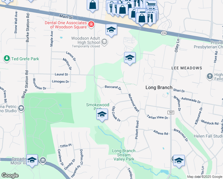 map of restaurants, bars, coffee shops, grocery stores, and more near 9525 Baccarat Drive in Fairfax