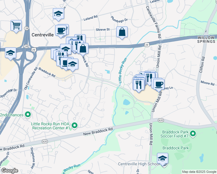 map of restaurants, bars, coffee shops, grocery stores, and more near 5809 Waterdale Court in Centreville