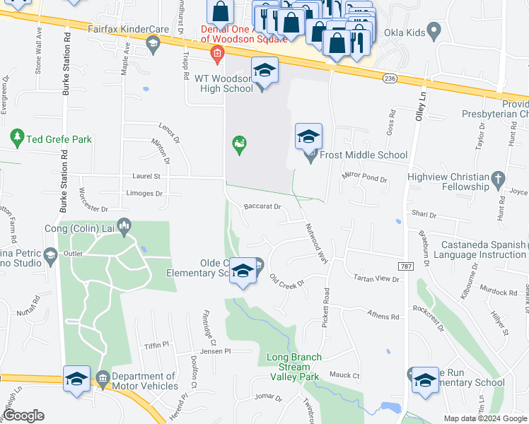 map of restaurants, bars, coffee shops, grocery stores, and more near 9525 Baccarat Drive in Fairfax