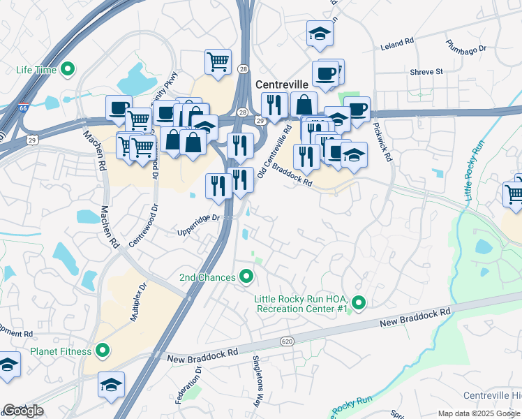 map of restaurants, bars, coffee shops, grocery stores, and more near 14024 Sawteeth Way in Centreville