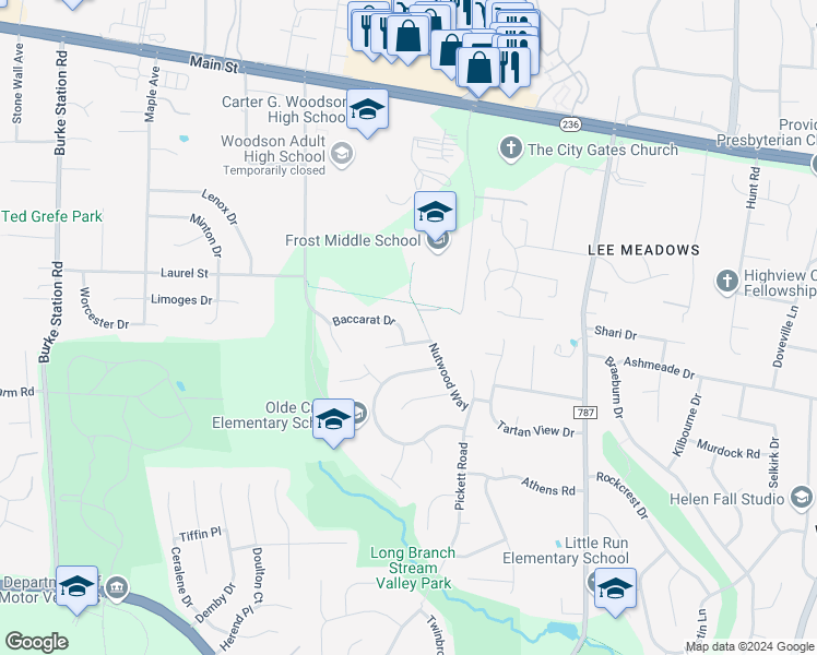map of restaurants, bars, coffee shops, grocery stores, and more near 9512 Baccarat Drive in Fairfax