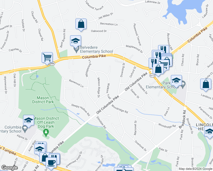 map of restaurants, bars, coffee shops, grocery stores, and more near 4126 Watkins Trail in Annandale