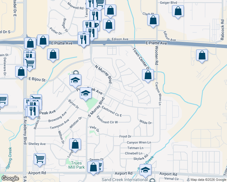 map of restaurants, bars, coffee shops, grocery stores, and more near 175 North Murray Boulevard in Colorado Springs