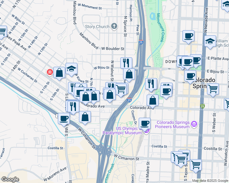map of restaurants, bars, coffee shops, grocery stores, and more near 423 West Kiowa Street in Colorado Springs