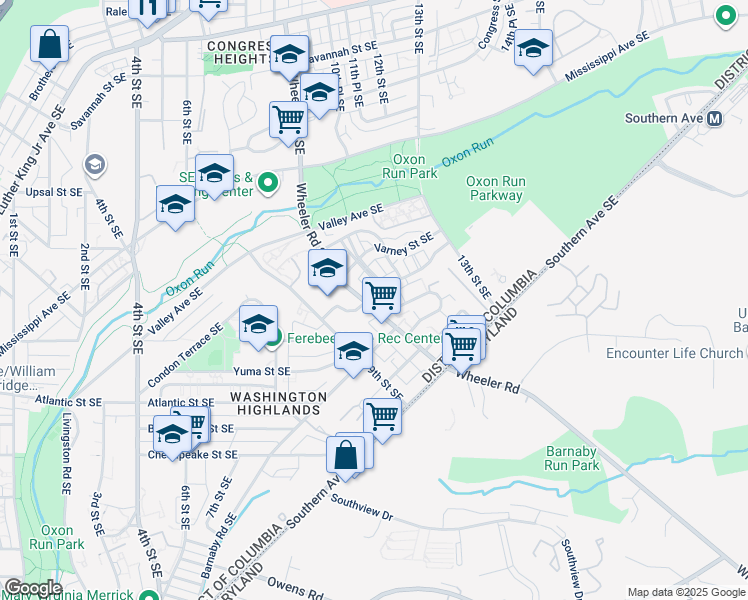 map of restaurants, bars, coffee shops, grocery stores, and more near 1001 Wahler Place Southeast in Washington
