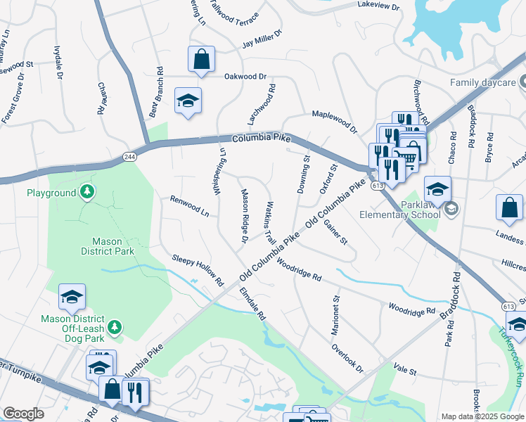 map of restaurants, bars, coffee shops, grocery stores, and more near 4126 Watkins Trail in Annandale
