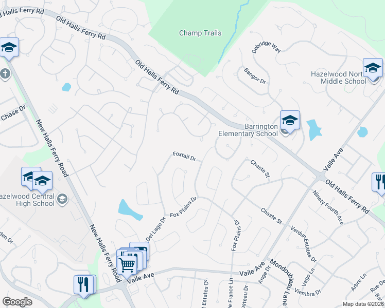 map of restaurants, bars, coffee shops, grocery stores, and more near 627 Foxtail Drive in Florissant