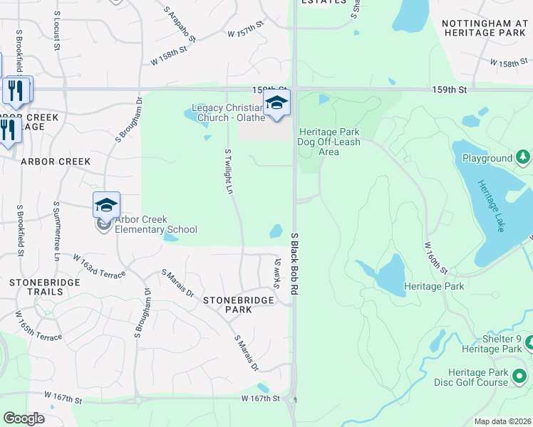map of restaurants, bars, coffee shops, grocery stores, and more near 16130-16312 South Lackman Road in Olathe