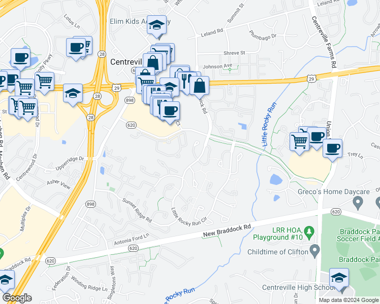 map of restaurants, bars, coffee shops, grocery stores, and more near 5852 Westwater Court in Centreville