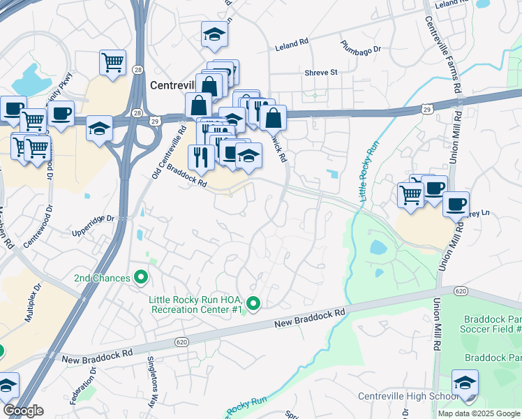 map of restaurants, bars, coffee shops, grocery stores, and more near 5852 Westwater Court in Centreville