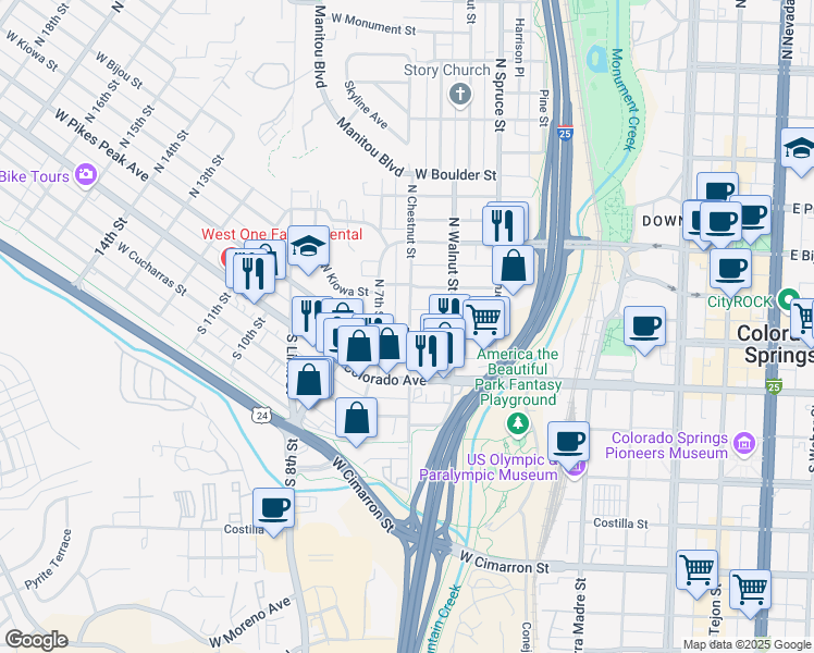 map of restaurants, bars, coffee shops, grocery stores, and more near 602 West Pikes Peak Avenue in Colorado Springs