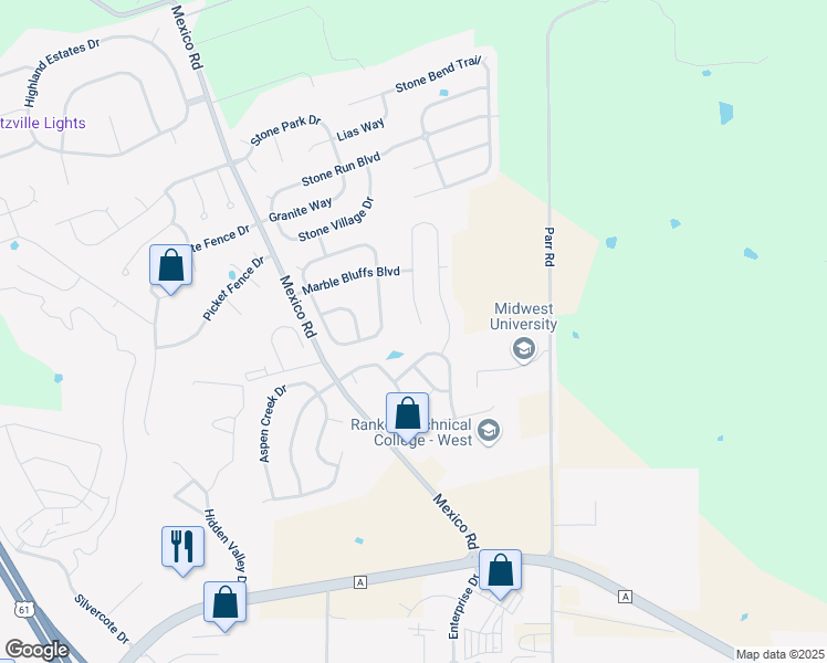 map of restaurants, bars, coffee shops, grocery stores, and more near 486 Honeysuckle Creek Drive in Wentzville