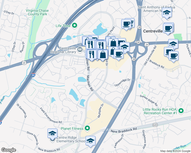 map of restaurants, bars, coffee shops, grocery stores, and more near 6024 Honnicut Drive in Centreville
