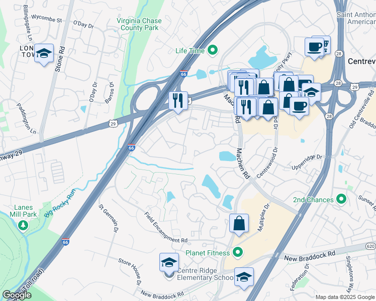 map of restaurants, bars, coffee shops, grocery stores, and more near 6125 Strasburg Drive in Centreville