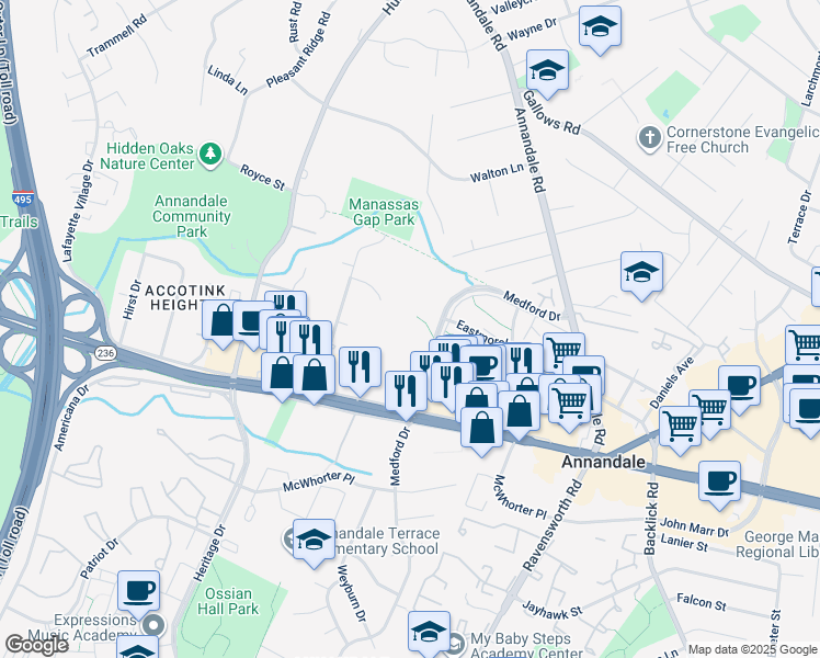 map of restaurants, bars, coffee shops, grocery stores, and more near 4137 Wadsworth Court in Annandale