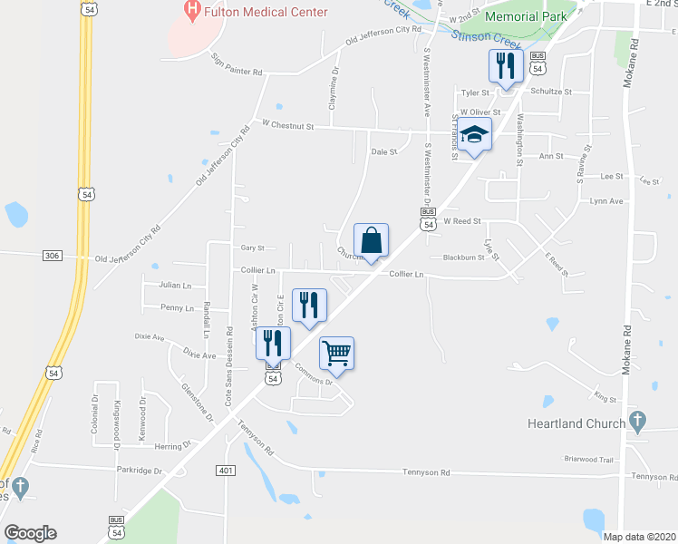 map of restaurants, bars, coffee shops, grocery stores, and more near 573 Collier Lane in Fulton
