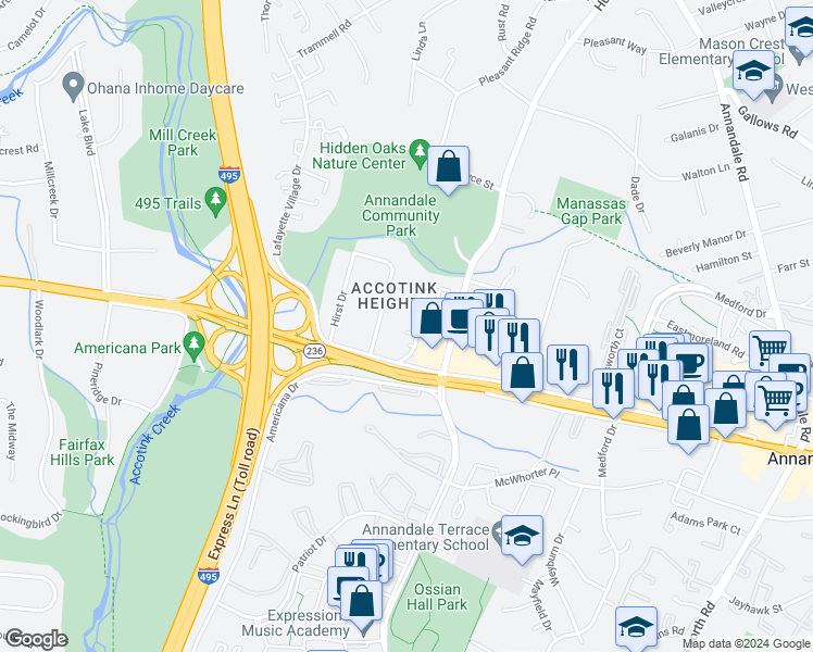 map of restaurants, bars, coffee shops, grocery stores, and more near 4068D Championship Drive in Annandale