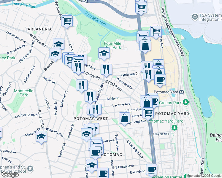 map of restaurants, bars, coffee shops, grocery stores, and more near 20 Auburn Court in Alexandria