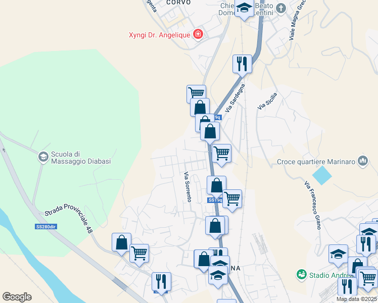 map of restaurants, bars, coffee shops, grocery stores, and more near 16 Via Istria in Catanzaro