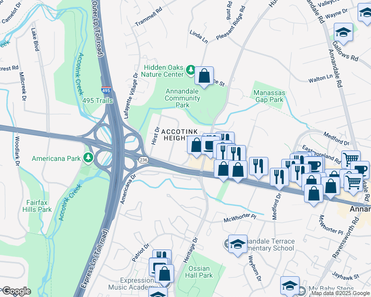 map of restaurants, bars, coffee shops, grocery stores, and more near 4068D Championship Drive in Annandale