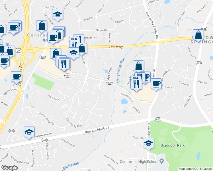 map of restaurants, bars, coffee shops, grocery stores, and more near 5805 Waterdale Court in Centreville