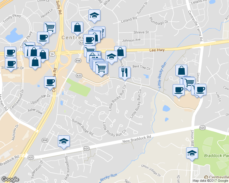 map of restaurants, bars, coffee shops, grocery stores, and more near 5850 Westwater Court in Centreville