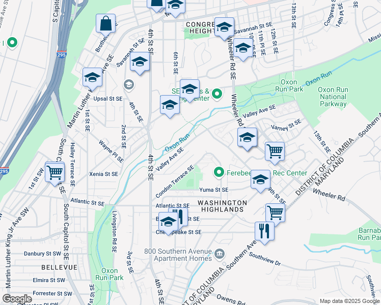 map of restaurants, bars, coffee shops, grocery stores, and more near 574 Foxhall Place Southeast in Washington