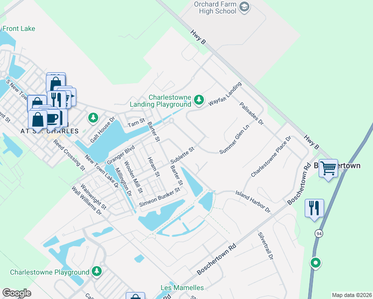 map of restaurants, bars, coffee shops, grocery stores, and more near 3442 Sublette Street in Saint Charles