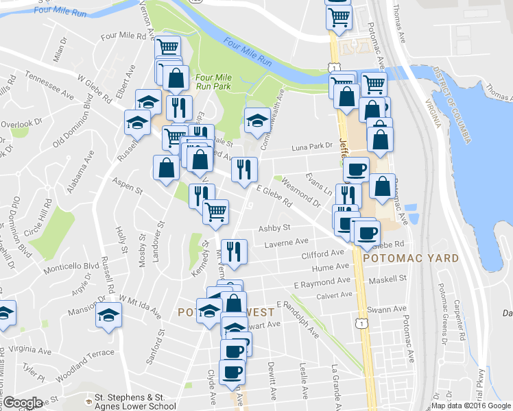 map of restaurants, bars, coffee shops, grocery stores, and more near 14 Auburn Court in Alexandria