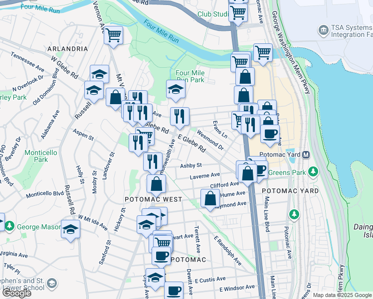 map of restaurants, bars, coffee shops, grocery stores, and more near 20 Auburn Court in Alexandria