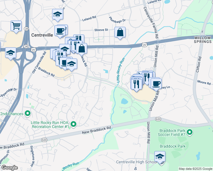 map of restaurants, bars, coffee shops, grocery stores, and more near 5805 Waterdale Court in Centreville