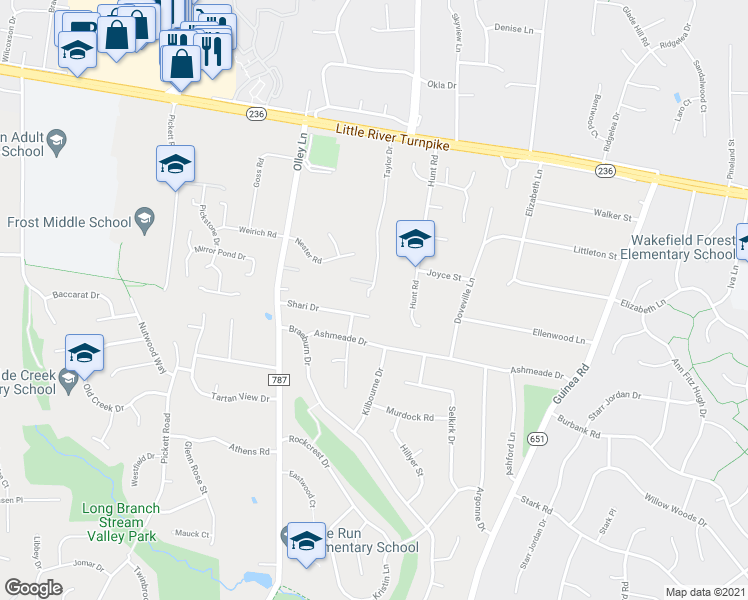 map of restaurants, bars, coffee shops, grocery stores, and more near 4110 Taylor Drive in Fairfax