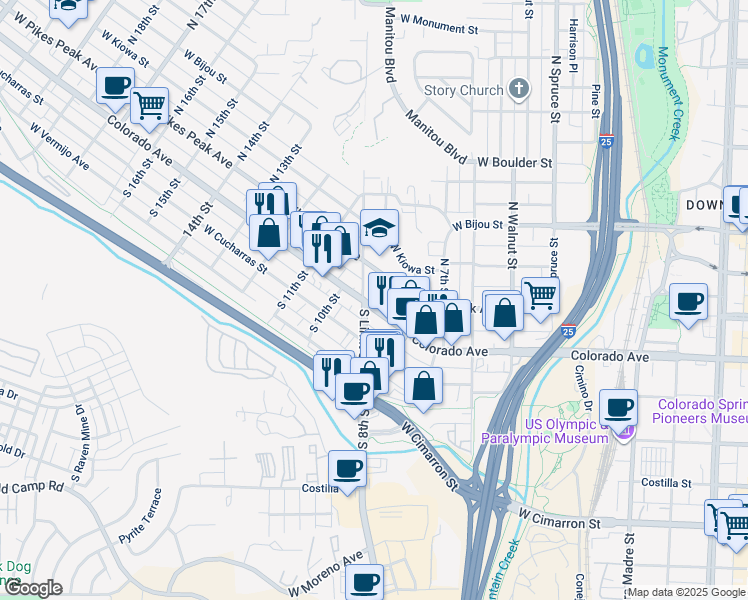 map of restaurants, bars, coffee shops, grocery stores, and more near 11 Colorado Avenue in Colorado Springs