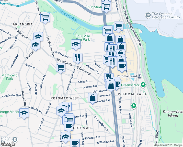 map of restaurants, bars, coffee shops, grocery stores, and more near 132 East Glebe Road in Alexandria