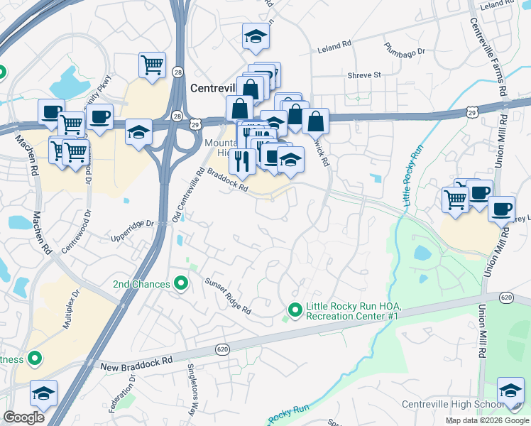 map of restaurants, bars, coffee shops, grocery stores, and more near 13826 Braddock Springs Road in Centreville