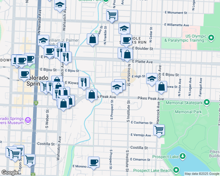 map of restaurants, bars, coffee shops, grocery stores, and more near 710 East Pikes Peak Avenue in Colorado Springs