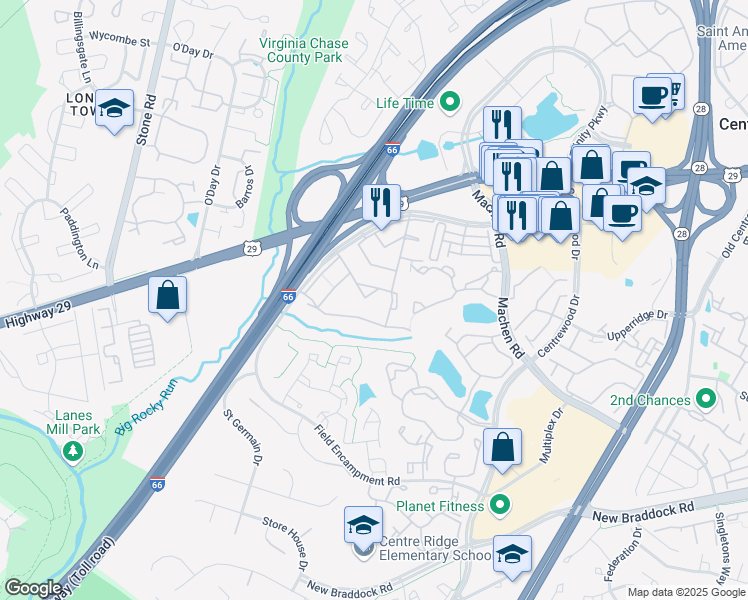 map of restaurants, bars, coffee shops, grocery stores, and more near 14421 Cool Oak Lane in Centreville