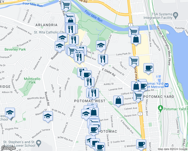 map of restaurants, bars, coffee shops, grocery stores, and more near 9 Herbert Street in Alexandria