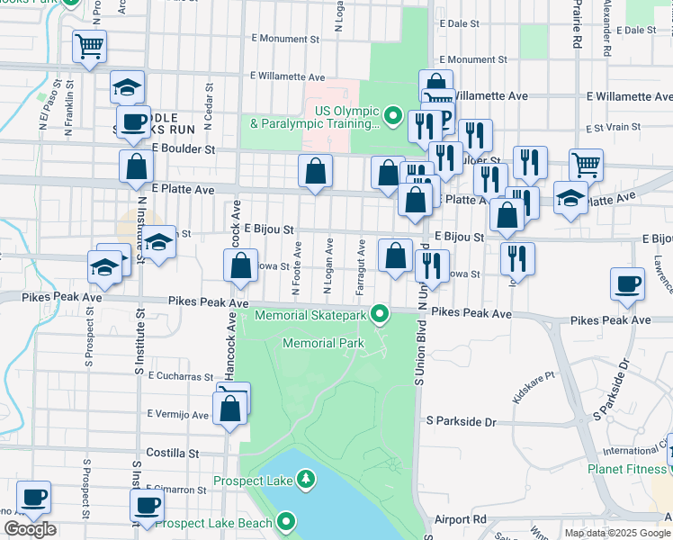 map of restaurants, bars, coffee shops, grocery stores, and more near 111 North Logan Avenue in Colorado Springs