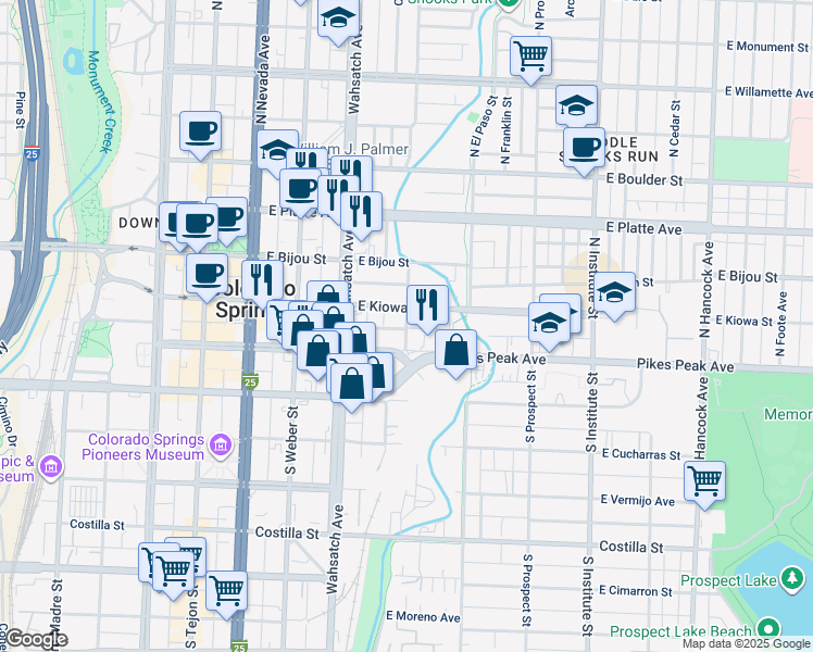 map of restaurants, bars, coffee shops, grocery stores, and more near 27 North Corona Street in Colorado Springs